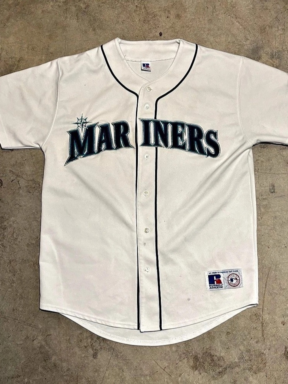 Russell Athletic Seattle Mariners Vintage MLB Baseball Jersey in White & Blue